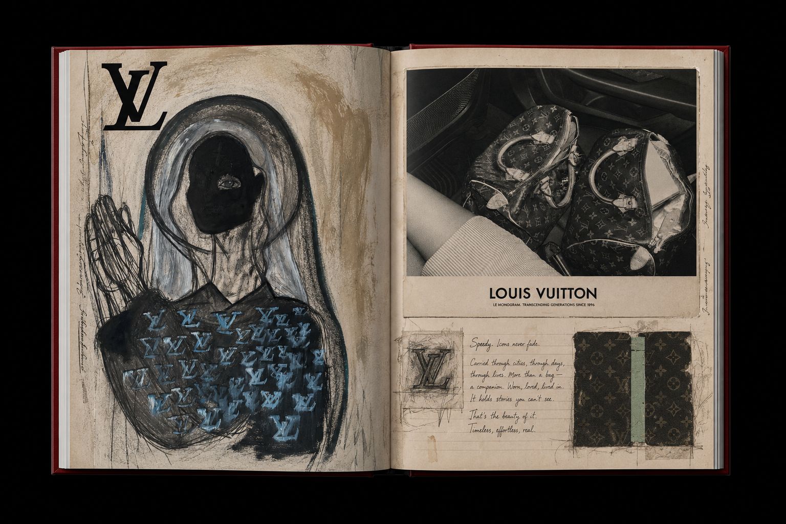 Book spread — painting and Louis Vuitton page
