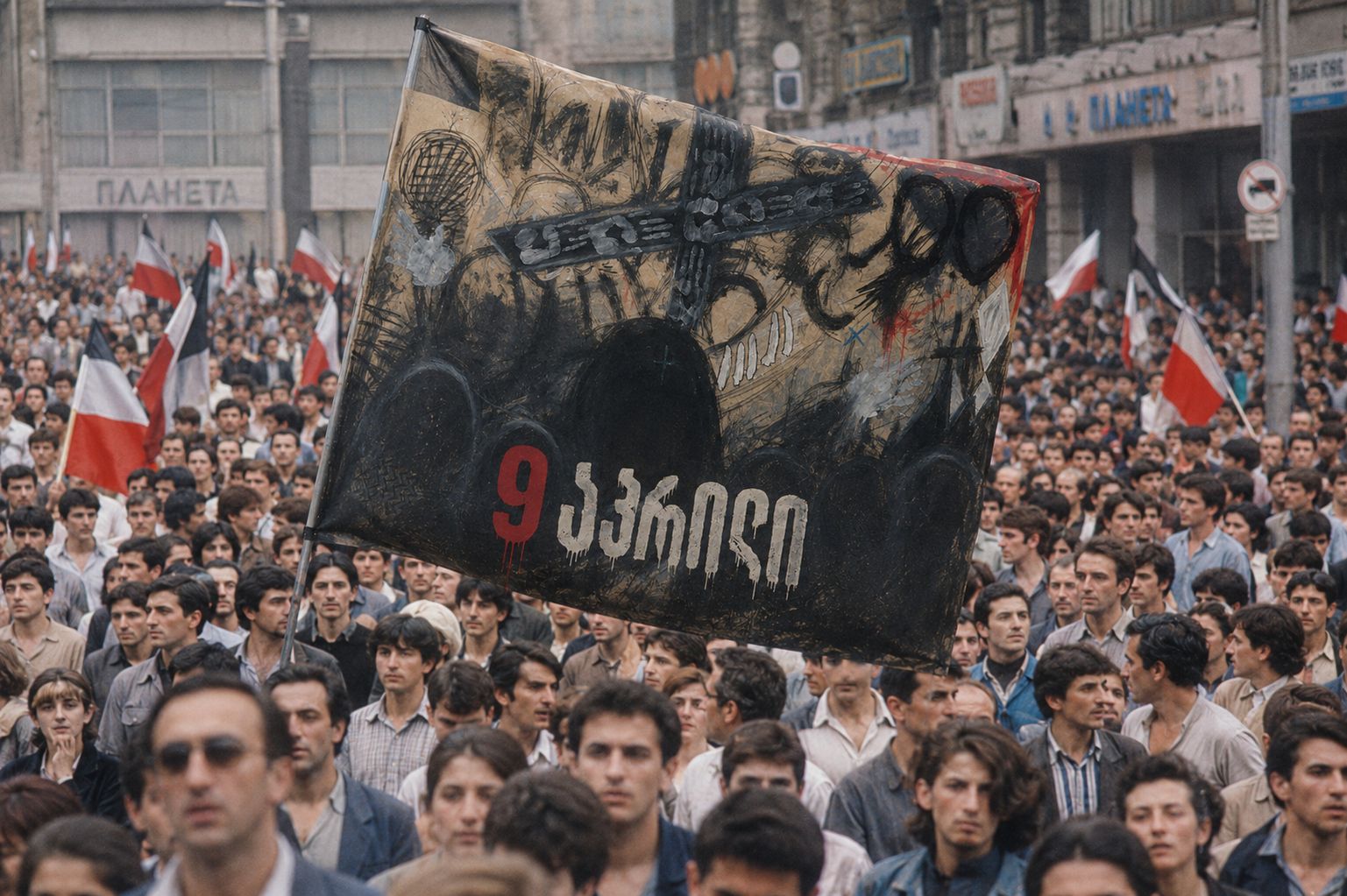 9 April flag carried through a protest crowd
